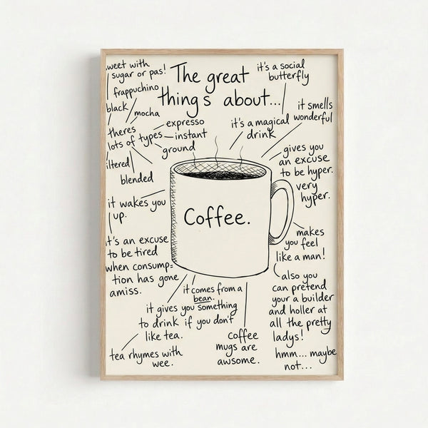 Whimsical coffee-themed line drawing featuring a simple mug and humorous typography in black and white, framed as home décor for coffee enthusiasts.