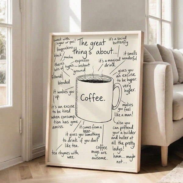 Framed minimalist poster showcasing line-art coffee mug paired with witty messaging in cream, black, and white for kitchen or café wall décor.