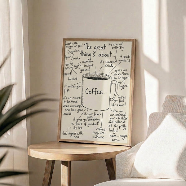 Black and cream line art coffee print with whimsical hand-drawn mug design and humorous text, minimalist framed wall art for home spaces.
