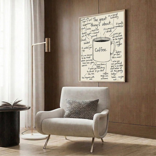 Hand-drawn line art poster celebrating coffee culture with affectionate mug illustration and playful text in black on cream, framed home décor.