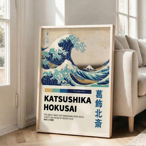 Japandi wall art print in traditional woodblock style portraying a powerful ocean wave in shades of navy and turquoise with gold highlights.