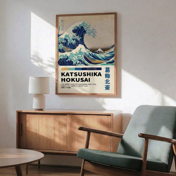 Minimalist Japanese art print showcasing an iconic crashing wave with elegant gold detailing and a pale gray mountain silhouette.