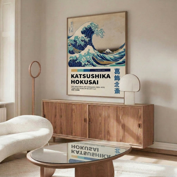 Framed ukiyo-e print featuring a dramatic seascape with a monumental wave in navy and cream, capturing timeless oceanic energy.