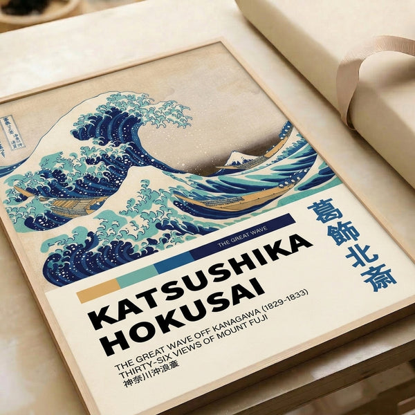 Classic Japanese woodblock-inspired wall art with a dynamic wave composition in turquoise and navy, paired with a distant mountainous horizon.