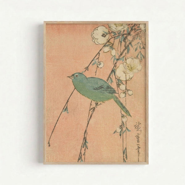 Japandi art print showing a naturalistic bird among cherry blossoms and foliage in soft peach, sage, and neutral tones with traditional woodblock aesthetic.