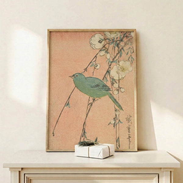 Wall art print featuring a graceful bird nestled among flowering branches with cream, charcoal, and sage green palette in authentic woodblock tradition.