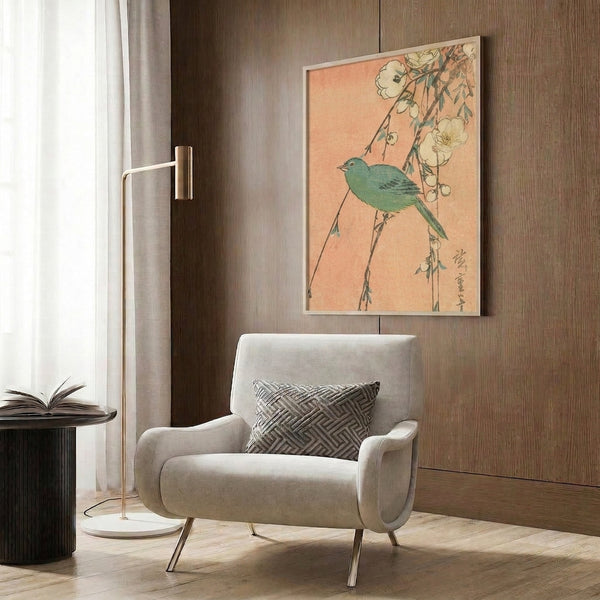 Japandi wall décor print: a naturalistic bird and flowering branch composition in charcoal, peach, sage, and cream with traditional woodblock technique.