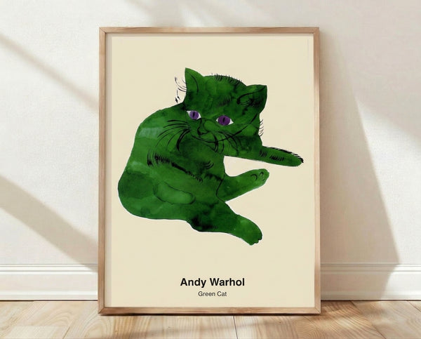 Pop art style portrait of a green cat with bold black outlines and white accents, framed poster in contemporary pop art aesthetic.