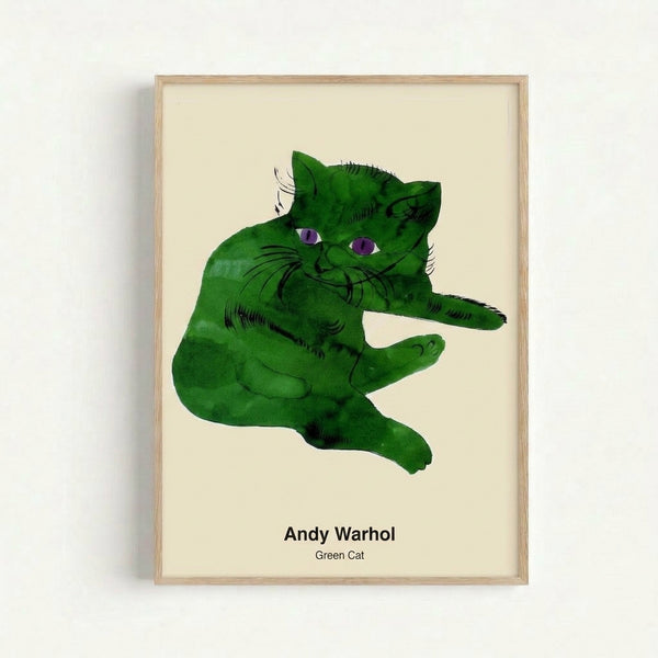 Vibrant green cat illustration with Warhol-inspired pop art design, cream and black tones, displayed as a framed modern wall print.