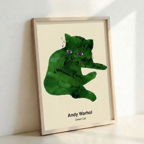 Whimsical green feline rendered in bold pop art style with iconic black linework, contemporary poster art on cream background.