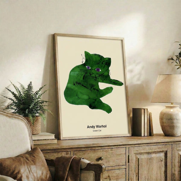 Green cat rendered in classic pop art technique with bold graphic lines, contemporary framed poster in cream, black, and vibrant green palette.