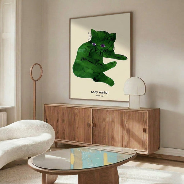Iconic pop art style cat illustration with luminous green coloring and dramatic black outlines, modern art print on cream ground.