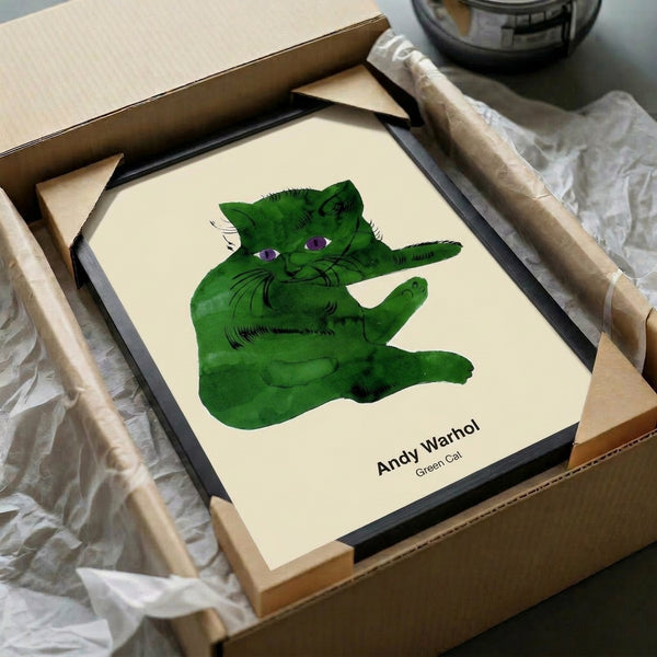 Playful green cat pop art design with contemporary graphic style and bold black strokes, framed poster celebrating modern pop culture aesthetics.