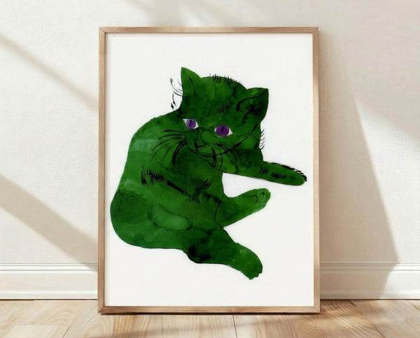Pop art style framed poster featuring a bold green cat portrait with vibrant color blocking and high-contrast edges in the manner of 1960s screen printing.