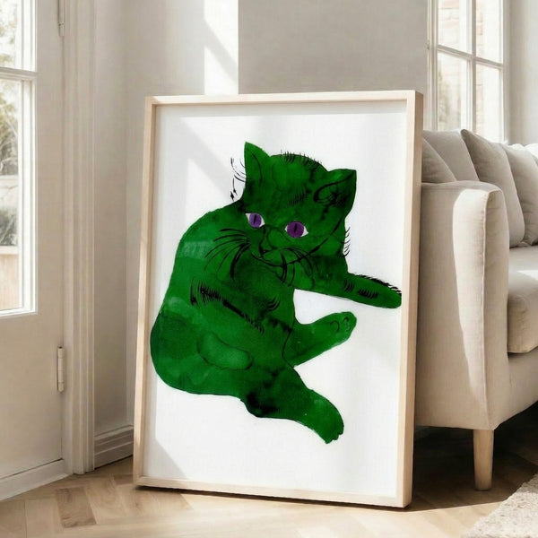 Vibrant green cat artwork in pop art style with bold graphic treatment, the framed poster bringing modern, colorful energy to any interior space.