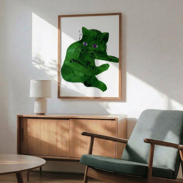 Pop art style cat portrait rendered in luminous green with flat graphic shapes and bold edges, presented as a framed wall art piece.