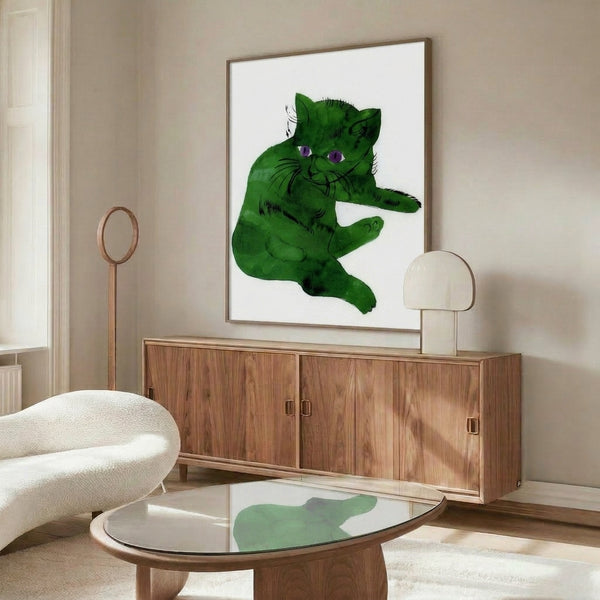 Green cat pop art framed poster featuring bold color blocking and graphic design elements inspired by 1960s screen print aesthetics.