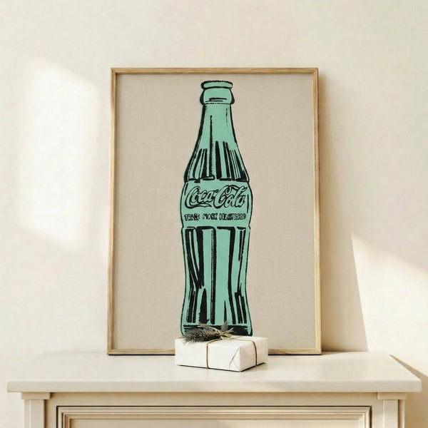 Pop art inspired poster of a green Coca-Cola bottle in a frame, clean graphic design with saturated colors and contemporary appeal.