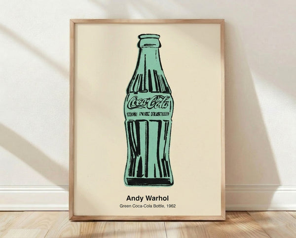 Pop art poster featuring a bold green Coca-Cola bottle rendered in vibrant emerald and white tones against a neutral background, exemplifying 1960s consumer culture commentary.