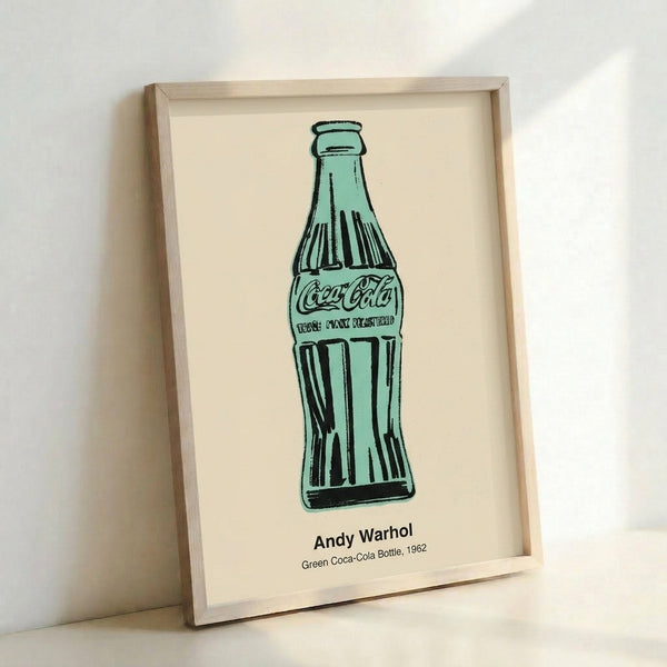 Contemporary wall art showcasing a single green bottle form in pop art aesthetic, rendered in bright green, white, and black with minimalist graphic design.