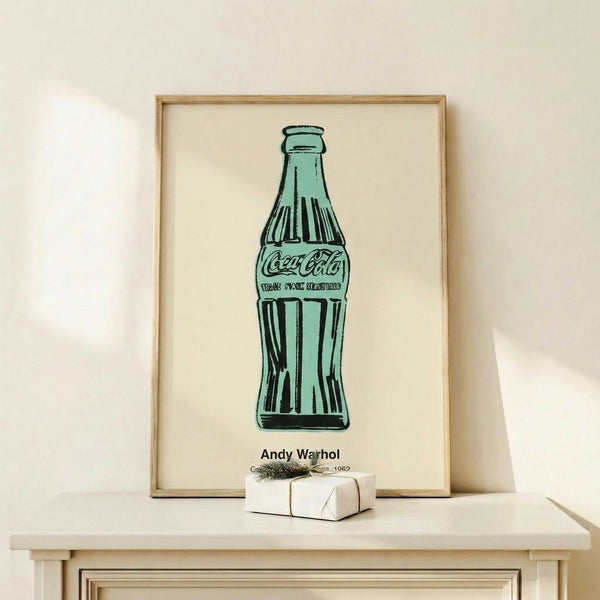 Pop art poster with a simplified green Coca-Cola bottle silhouette in bold emerald tones, framed as a statement piece on consumer culture and mass production.