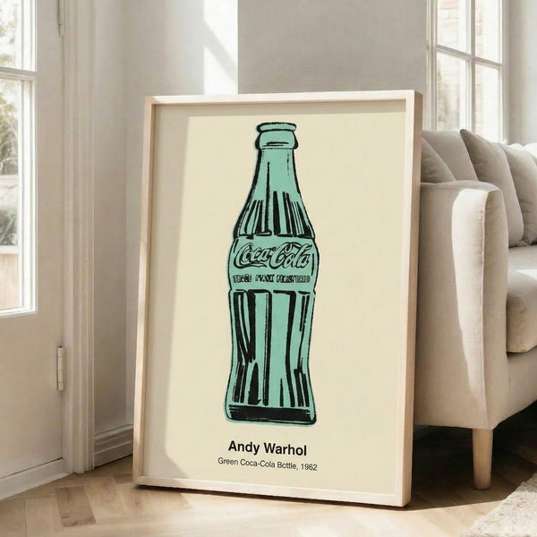 Modern framed print depicting a green bottle in pop art style with crisp lines and a striking palette of green, white, and charcoal gray.