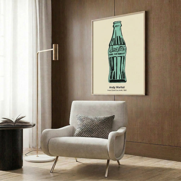 Pop art wall decor featuring an iconic green bottle design in bold contemporary style, using vibrant green and neutral tones to explore themes of consumption.