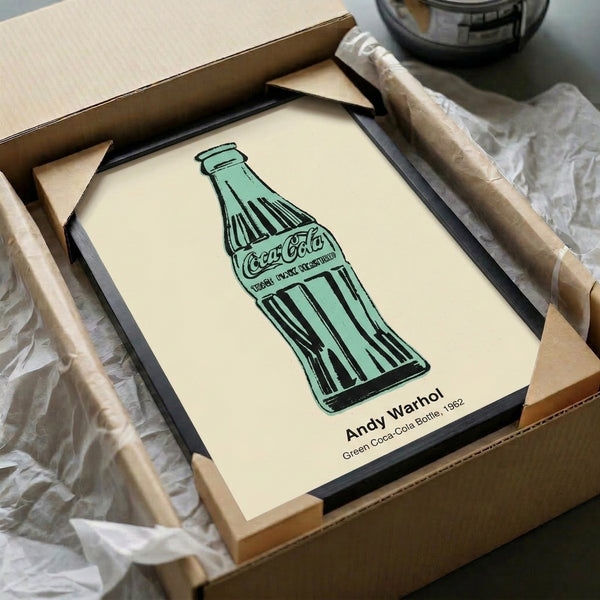 Stylized green beverage bottle rendered as a pop art print in emerald, white, and black tones, capturing mid-century commentary on mass culture and advertising.