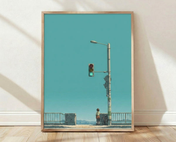 Minimalist modern art print depicting a young girl standing at a crosswalk beneath a traffic light, with a bicycle and street lamp nearby, rendered in soft turquoise, cream, and gray tones.