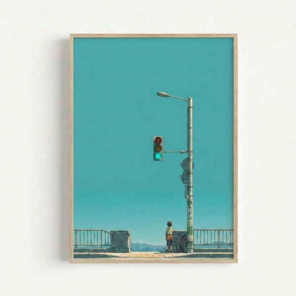 Mid-century style poster of a serene street scene with a child at a pedestrian crossing, featuring a bridge and cityscape in the background, in calming cyan and soft green palette.