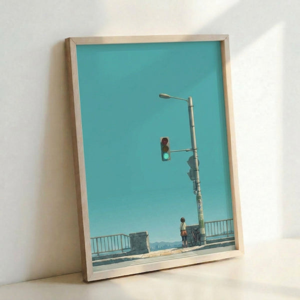 Contemporary minimalist framed poster showing a contemplative moment of a girl waiting at traffic lights on an urban street, with bicycle and lamp post, in muted turquoise and cream.