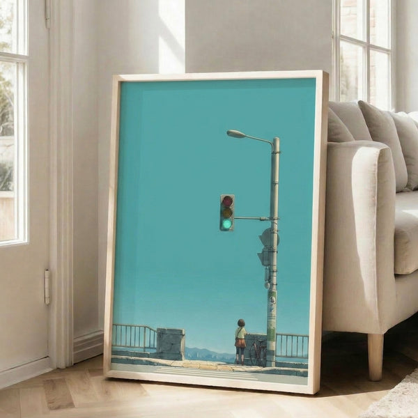 Japandi-inspired wall art print with clean lines depicting a child at a city crosswalk, incorporating soft geometric elements and a tranquil color scheme of gray, cream, and cyan.