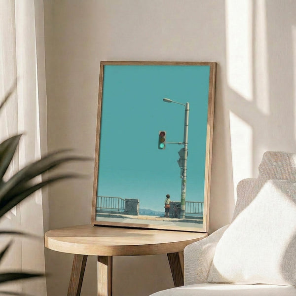 Modern framed art print capturing an optimistic, serene street scene with a young pedestrian, traffic light, bicycle, and bridge in minimalist style using soft turquoise and neutral tones.
