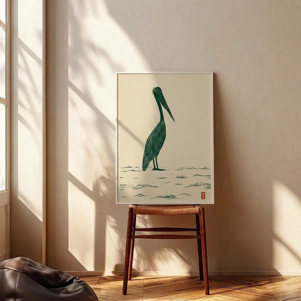 Minimalist pelican illustration with bold linework in earthy greens and terra-cotta, inspired by traditional Japanese woodblock technique, hung as framed wall art.