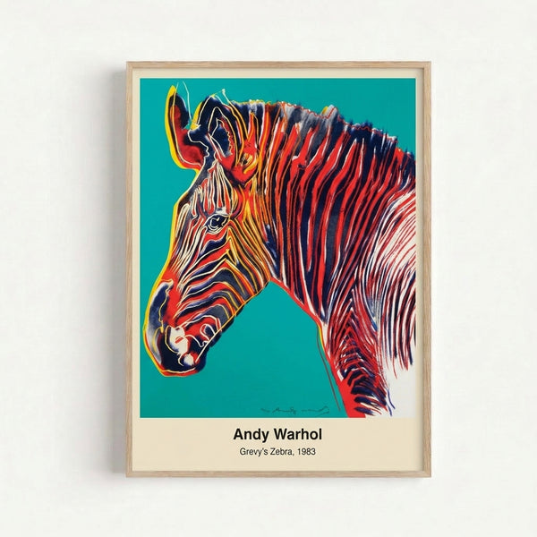 Grevy's zebra head rendered in bright neon colors—hot pink, electric blue, and yellow—in Warhol's iconic pop art style.