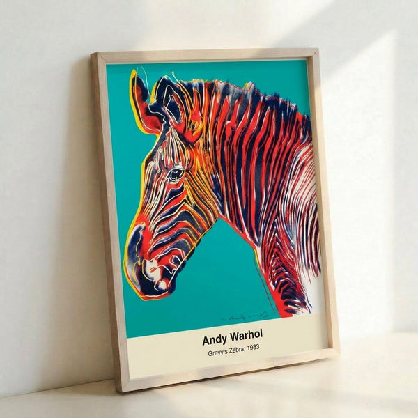 Striking animal print featuring a zebra in saturated magenta and cyan tones with yellow accents, modern pop art aesthetic.