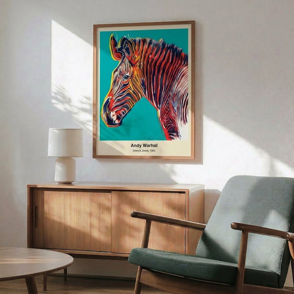 Framed pop art print of a Grevy's zebra in vibrant magenta, electric blue, and yellow against a white ground.