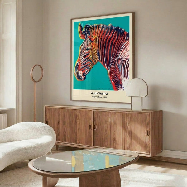 Contemporary pop art zebra portrait showcasing bold magenta, cyan, and yellow hues with expressive black line work.