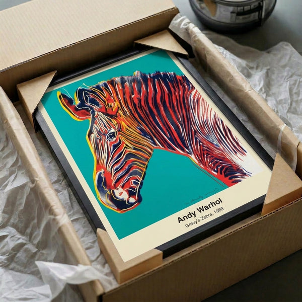 Neon-bright zebra head study in hot pink, electric blue, and yellow with striking black outlines in pop art style.