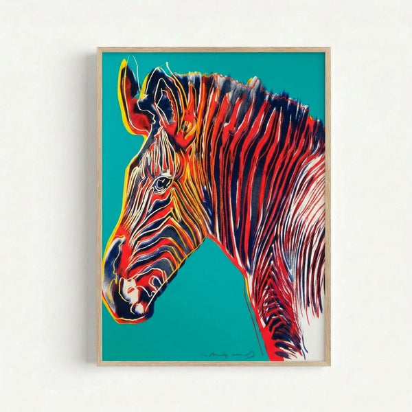 Striking zebra head rendered in vivid pop art colors with geometric striping patterns, displayed as a contemporary framed poster.