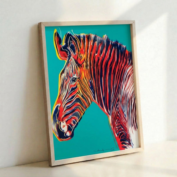 Grevy's zebra artwork featuring bright, saturated hues and dynamic line work typical of pop art movement, shown as a wall print.