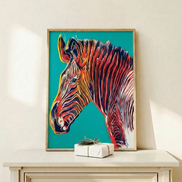 Colorful pop art interpretation of a zebra with bold outlines and flat color planes, presented as a framed modern art piece.