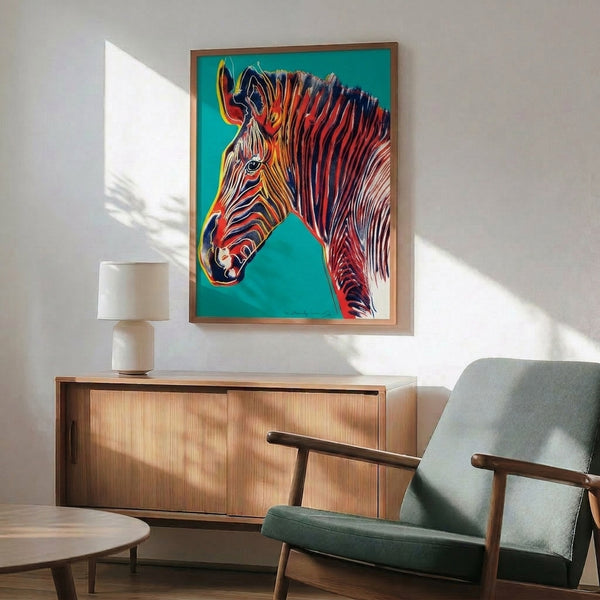 Contemporary pop art zebra print with vivid palette and striking graphic qualities, displayed framed on a wall as modern decor.