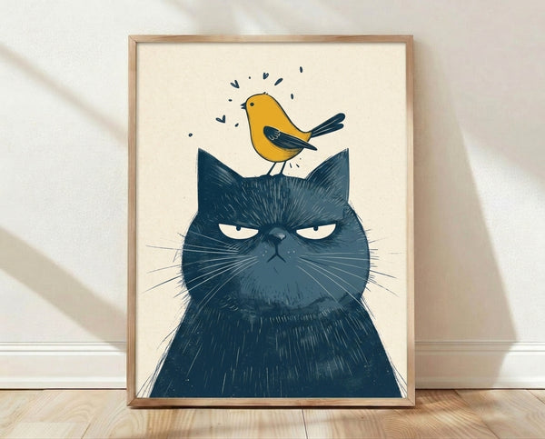Minimalist line art poster featuring a grumpy black cat and golden bird on cream background, whimsical folk art style with charcoal and navy accents framed on wall.