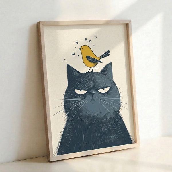 Black cat and golden bird line drawing on cream poster with folk art charm, navy and gold accents create whimsical, lighthearted wall décor.