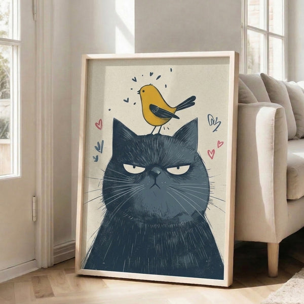 Minimalist cat and bird artwork in charcoal, gold, and navy on cream background, playful folk art style bringing cozy humor to framed wall art.