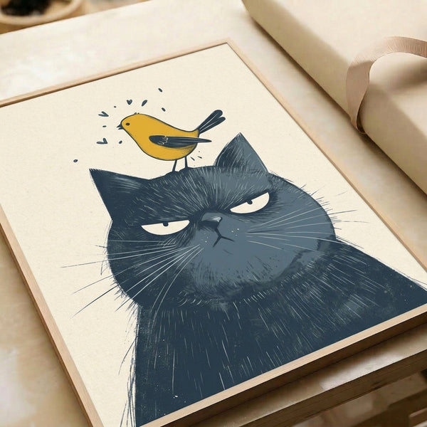 Gold and charcoal bird beside a moody black cat on cream, minimalist folk art line drawing with cozy, humorous character framed as wall art.