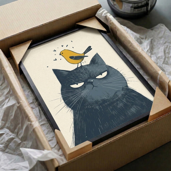 Charcoal cat and gold bird minimalist poster on cream background, folk art style with navy accents, playful and cozy framed animal artwork.