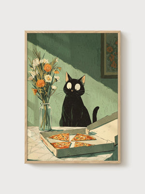 Black Cat Japanese Wall Art poster in oak frame