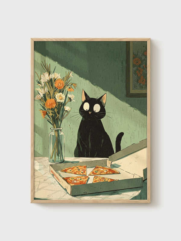 Black Cat Japanese Wall Art poster in oak frame